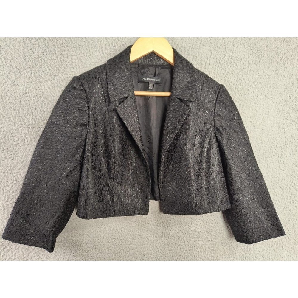 Carmen Marc Valvo Women Black Shimmer‎ Blazer Cropped Long Sleeve Open Front 12